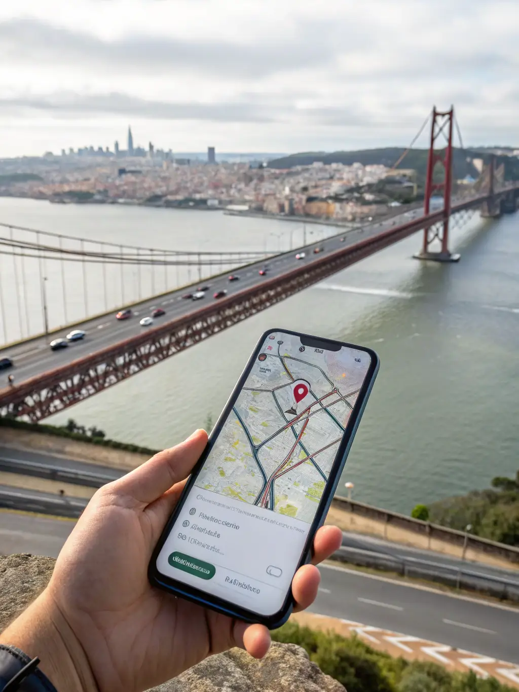A screenshot of the TAPSi app displaying real-time tracking of a vehicle on the Ponte 25 de Abril in Lisbon.