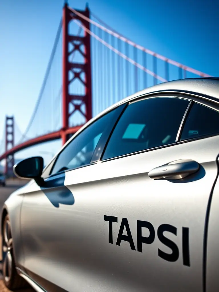 A professional photo of a TAPSi-branded car parked near the iconic 25th of April Bridge in Lisbon, Portugal, showcasing the modern and reliable image of the service.