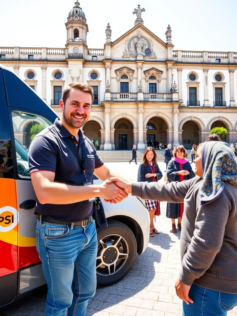 A picture of a happy TAPSi driver interacting with a passenger in front of the historic University of Coimbra, emphasizing the positive customer experience.