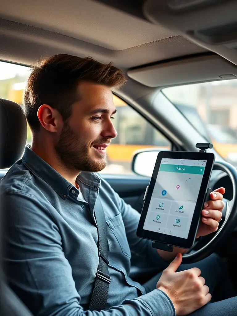 A photo of a TVDE operator using the TAPSi app inside a car, with a focus on the ease of navigation and real-time support features.