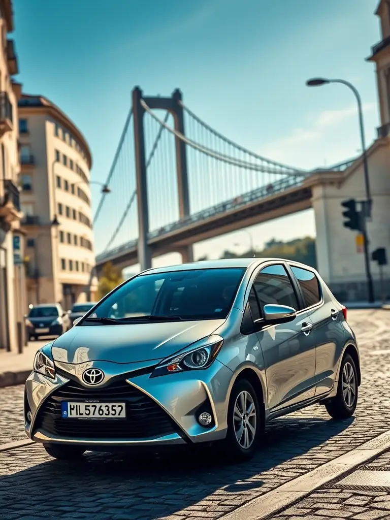 A fuel-efficient compact car, such as a Toyota Yaris or similar, driving on a sunny street in Lisbon, Portugal, with the Ponte 25 de Abril visible in the distance.