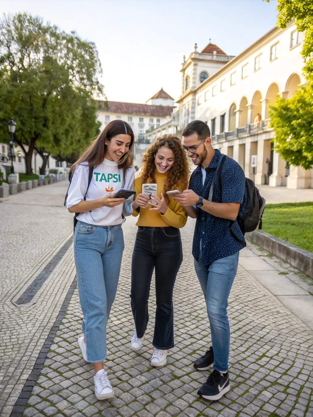 A clean, modern image of a young student in Coimbra, Portugal, dressed in traditional academic attire, smiling and holding a TAPSi app open on their phone, with the Universidade de Coimbra in the background.