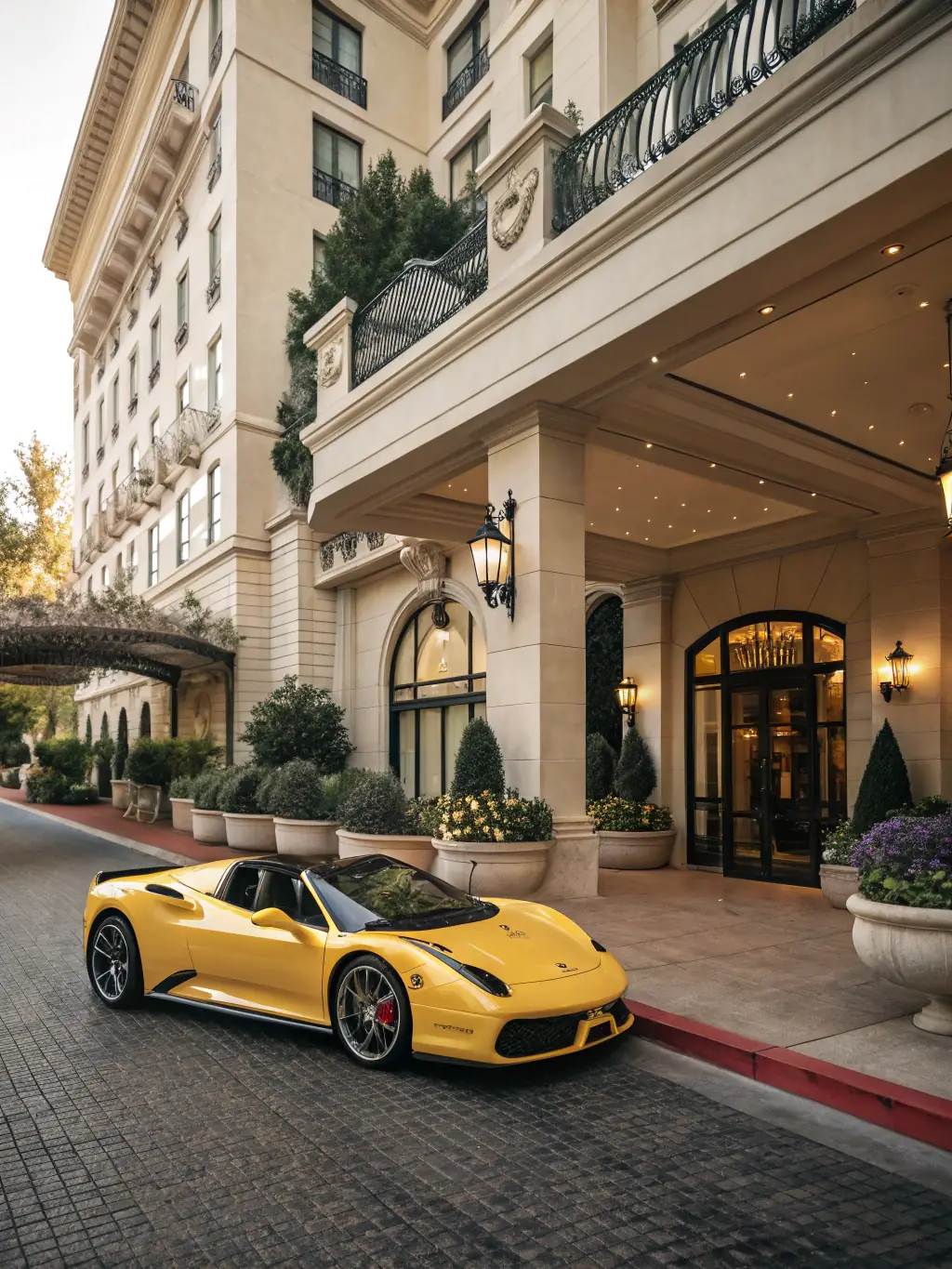 A spacious and luxurious sedan, such as a Mercedes-Benz or BMW, parked outside a high-end hotel in Lisbon, Portugal, showcasing comfort and style.
